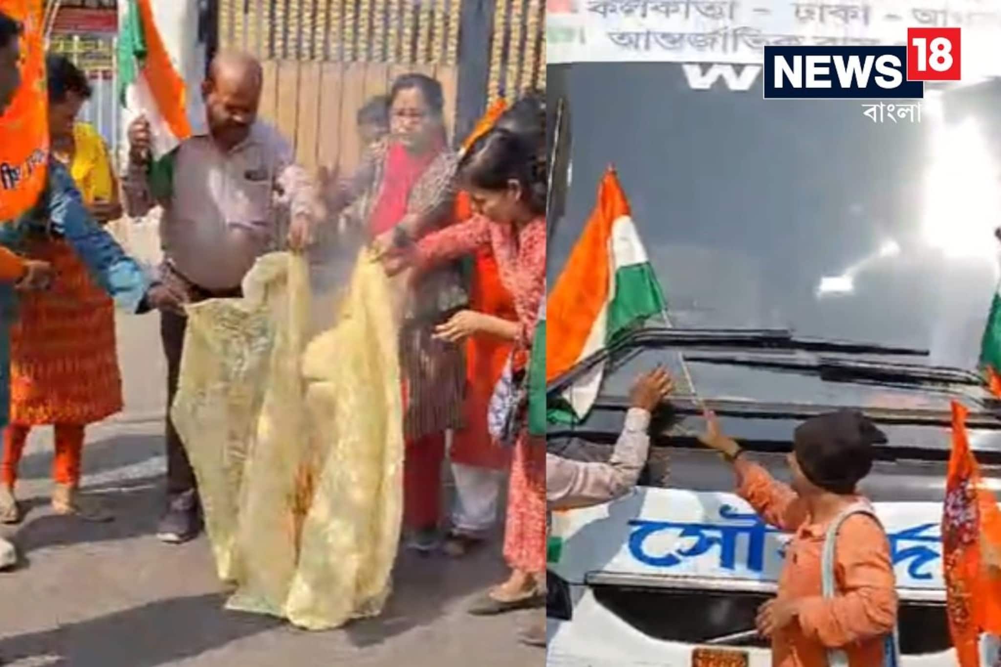 পুড়ছে জামদানি শাড়ি...! করুণাময়ীতে কলকাতা-ঢাকা বাস স্ট্যান্ডে ধুন্ধুমার