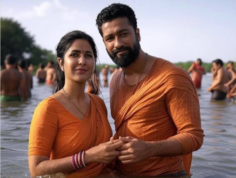 ছবিতে দেখা যায় ক্যাটরিনা পরেছেন কমলা শাড়ি, ঘাড়ের উপর লুটিয়ে পড়েছে খোলা ভেজা চুল। পাশে ভিকি! ছবিগুলো বাস্তবের নয়, এআই টুল দিয়ে বানানো।