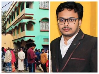 মৃত স্কুল শিক্ষকের বাড়ির বাইরে প্রতিবেশীদের ভিড়৷ 