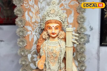 সরস্বতীপুজোর বিরাট চমক! মাটি নয়, পাটকাঠি দিয়ে তৈরি হল প্রতিমা