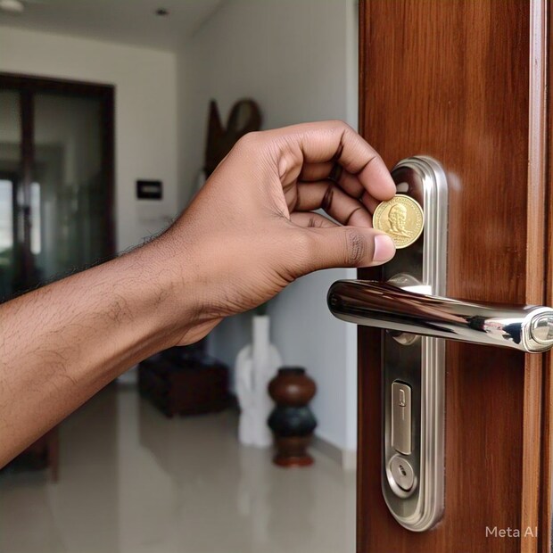 দরজার হাতলে একটি মুদ্রা রেখে আপনি কিন্তু নিশ্চিন্তে ও নিরাপদে রাখতে পারেন অনায়াসে। কী ভাবে বলুন তো? আসলে দরজার হাতলে একটি মুদ্রা রেখে দিলে, যদি কেউ আপনার ঘরের দরজায় টোকা দেয় অথবা বাইরে থেকে তালা খোলার চেষ্টা করে, তাহলে ভিতরের মুদ্রাটি পড়ে যাবে।