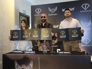 Rukmani Singh Hooda- Director- Fashion TV India , Mr.Kashiff Khan, Managing Director, Fashion TV Global & Saket Mohta, Managing Director, Merlin Group  Unveiling the exclusive association between Merlin Group and Fashion TV and launch Merlin F Residences