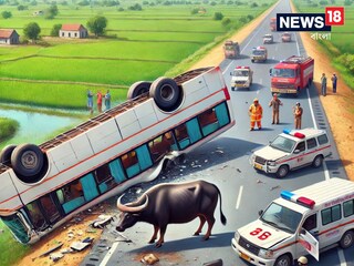 প্রবল গতিতে রাস্তায় দাঁড়িয়ে থাকা ষাঁড়কে ধাক্কা! নিয়ন্ত্রণ হারিয়ে উল্টে গেল মহাকুম্ভ ফেরত যাত্রীবোঝাই বাস, নিহত ২ মহিলা, আহত একাধিক - AI Image