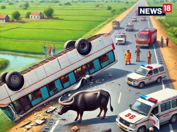 প্রবল গতিতে রাস্তায় দাঁড়িয়ে থাকা ষাঁড়কে ধাক্কা! নিয়ন্ত্রণ হারিয়ে উল্টে গেল মহাকুম্ভ ফেরত যাত্রীবোঝাই বাস, নিহত ২ মহিলা, আহত একাধিক - AI Image