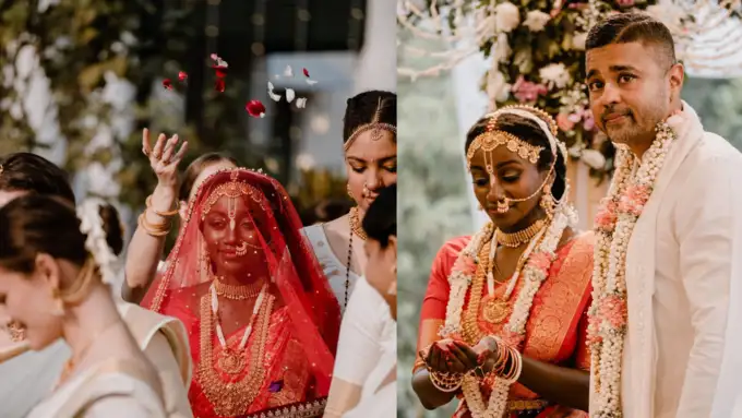 গলায় পরেছিলেন মানানসই একটি সুন্দর সোনার নেকলেস এবং কানে ছিল বড় দুল যার অনুষঙ্গ কনের সাজকে আরও আকর্ষণীয় করে তুলেছিল।