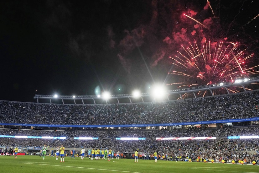 Fireworks go off after Argentina defeated Brazil in a qualifying soccer match for the World Cup 2026 at Monumental Stadium in Buenos Aires, Argentina, Tuesday, March 25, 2025. (AP Photo/Natacha Pisarenko)