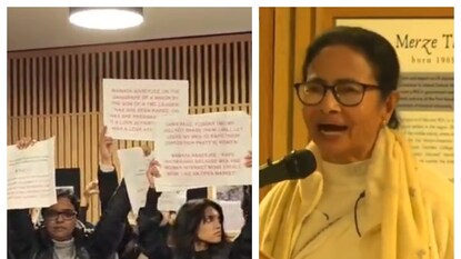 অক্সফোর্ডের কেলগ কলেজে মুখ্যমন্ত্রীর বক্তব্যের সময় আচমকা বিক্ষোভ৷ অক্সফোর্ডের কেলগ কলেজে মুখ্যমন্ত্রীর বক্তব্যের সময় আচমকা বিক্ষোভ৷