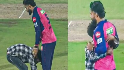 Pitch invader's interaction with Riyan Parag. (PC: Screengrab/X) Pitch invader's interaction with Riyan Parag. (PC: Screengrab/X)