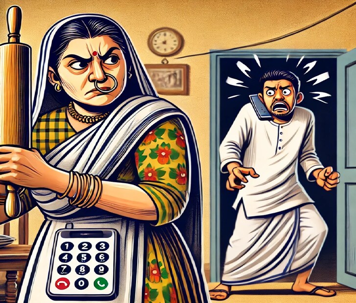 তাই তিনি বন্ধুর পরামর্শে স্ত্রী বাথরুমে গেলে তার ফোনে গোপনে কল রেকর্ডিং অ্যাপ ইনস্টল করে দেন। জানাজানি হতেই স্ত্রী তাঁকে বেলন দিয়ে বেধড়ক মারেন! স্বামী এতটাই ভয় পেয়ে যান যে তিনি সরাসরি থানায় ছুটে গিয়ে পুলিশের কাছে আরজি জানান— “আমায় আমার স্ত্রীর থেকে বাঁচান!” 