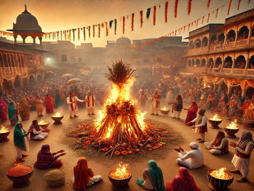 শুক্রবার, ১৪ মার্চ এবছর হোলি৷ তার আগের দিন, অর্থাৎ, বৃহস্পতিবার ১৩ মার্চ হোলিকা দহন। হোলির গুরুত্ব সবাই জানে কিন্তু হোলিকা দহনের বিশেষত্ব খুব কম লোকই জানে। ছবি: AI Generated Image