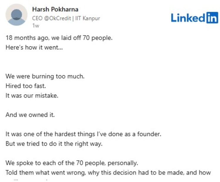 &quot;আমরা তাদের ৩ মাসের নোটিস দিয়েছিলাম।&quot; রেফারেল, ইন্ট্রো, চাকরির লিড-- যে কোনও কিছুতে সাহায্য করেছি যা সাহায্য করতে পারি। নোটিসের সময়সীমা শেষ হওয়ার আগেই ৬৭ জনকে নিয়োগ দেওয়া হয়েছে। যারা করেননি তাদের ৩ জনকে আমরা ২ মাসের অতিরিক্ত বেতন দিয়েছি,&quot; তিনি বলেন।