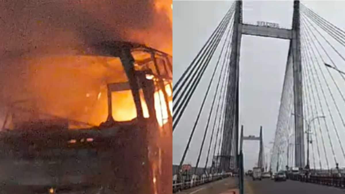 দাউদাউ করে জ্বলছে বাস! দ্বিতীয় হুগলি সেতুর উপর চলন্ত বাসে ভয়াবহ আগুন, প্রবল যানজট
