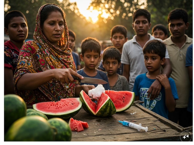যদি রং লেগে যায়, বুঝবেন এতে এরিথ্রোসিন বি ইনজেকশন দেওয়া আছে।যদি তুলোয় কোনও লাল রং না লাগে, তাহলে বুঝবেন তরমুজটি স্বাভাবিক, এটা খেতে পারেন।