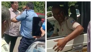 প্রতিবাদী মহিলার কাছে কান ধরে ক্ষমা চাইছেন অভিযুক্ত সিভিক ভলেন্টিয়ার৷ অভিযুক্ত এসআই পুলকেশ পাত্র (ডানদিকে)৷ 