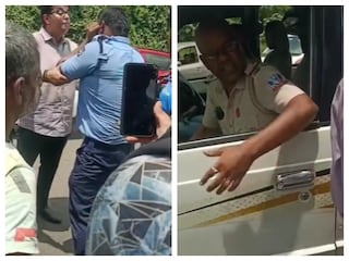 প্রতিবাদী মহিলার কাছে কান ধরে ক্ষমা চাইছেন অভিযুক্ত সিভিক ভলেন্টিয়ার৷ অভিযুক্ত এসআই পুলকেশ পাত্র (ডানদিকে)৷ 