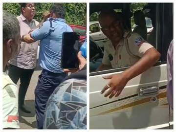প্রতিবাদী মহিলার কাছে কান ধরে ক্ষমা চাইছেন অভিযুক্ত সিভিক ভলেন্টিয়ার৷ অভিযুক্ত এসআই পুলকেশ পাত্র (ডানদিকে)৷ 