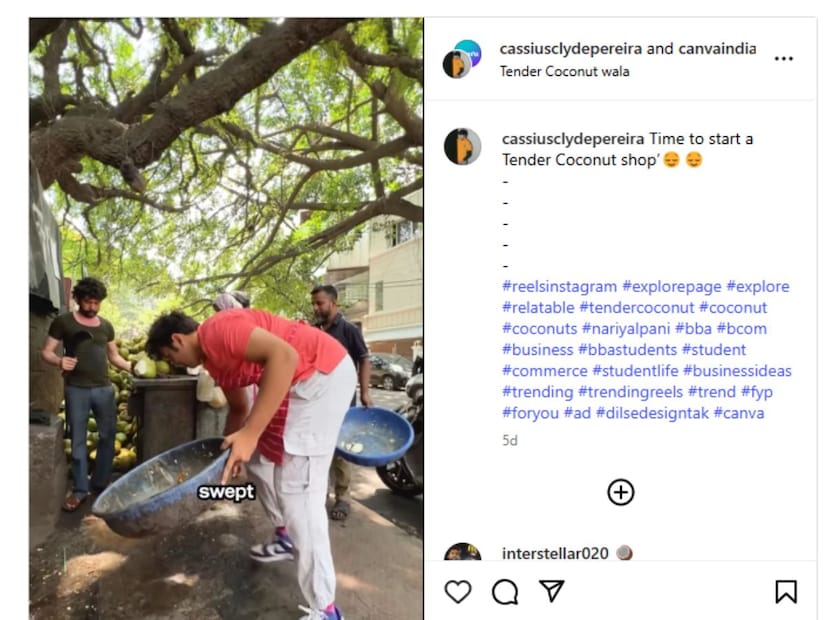 বেঙ্গালুরুর কন্টেন্ট ক্রিয়েটর কেসি পেরেরার নতুন একটি রিল বানিয়েছেন এক ডাব বিক্রেতার সঙ্গে। তার প্রশ্ন ছিল, ‘‘একজন ডাব বিক্রেতা বি.কম গ্র্যাজুয়েটের চেয়ে বেশি আয় করেন?’’ 
