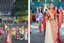 পরনে গৌরাঙ্গ শাহের ডিজাইন করা দুর্ধর্ষ জামদানি পোশাক, হাতে জাতীয় পতাকা; বিশ্বমঞ্চে চমক