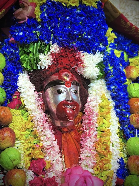 ফলহারিণী অমাবস্যার তারা রাতে মাকে ফুল এবং ফলের মালা দিয়ে রাজবেশে সাজানো হবে। যে ফল বিগ্রহকে নিবেদন করা হয়, সেই ফল খাওয়া যায় না। ফলহারিণী অমাবস্যা উপলক্ষে তারাপীঠে আরতি হয় তিনবার। (ছবি: ফেসবুক)