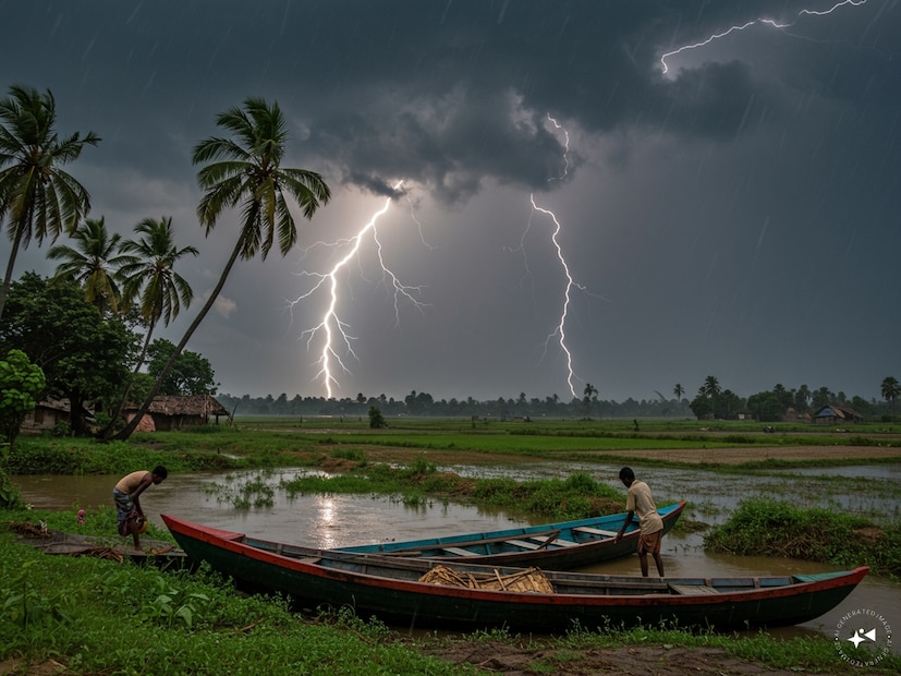 গোটা সপ্তাহজুড়েই ঝড়বৃষ্টির সতর্কতা জানিয়েছে হাওয়া অফিস। কলকাতা-সহ বাকি জেলাতেও ৩০ থেকে ৪০ কিলোমিটার গতিবেগে দমকা ঝড় ও বাতাস বইতে পারে। সঙ্গে কালবৈশাখীর সম্ভাবনা। উত্তরবঙ্গেও রয়েছে বৃষ্টির পূর্বাভাস। দার্জিলিং থেকে মালদহ পর্যন্ত সব জেলাতেই ঝড়বৃষ্টির সম্ভাবনা।(AI Generated Image)