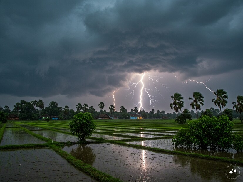 দক্ষিণবঙ্গের প্রায় সব জেলাতেই ঝড়বৃষ্টির সম্ভাবনা থাকবে। ৫ জেলায় ঝড় বৃষ্টির পরিমাণ বেশি হবে। বজ্রপাত শিলাবৃষ্টির সঙ্গে ৪০ থেকে ৫০ কিলোমিটার গতিবেগে দমকা ঝোড়ো বাতাস বইতে পারে পূর্ব ও পশ্চিম বর্ধমান, বীরভূম, মুর্শিদাবাদ, নদিয়া জেলায়। (AI Generated Image)