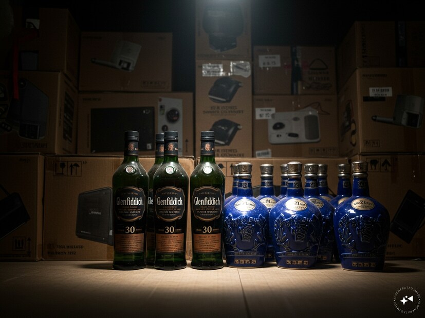 ৩০ বছরের পুরনো ৫ বোতল Glenfiddich Malt Scotch Whisky (মূল্য ৫.৫২ লক্ষ টাকা) এবং ২১ বছরের পুরনো ১২ বোতল Royal Salute (মূল্য ৩ লক্ষ টাকা)। শুধু মদের আনুমানিক মূল্যই প্রায় ৮.৫ লক্ষ টাকা। পাশাপাশি একাধিক ইলেকট্রনিক সামগ্রীও বাজেয়াপ্ত করা হয়েছে।