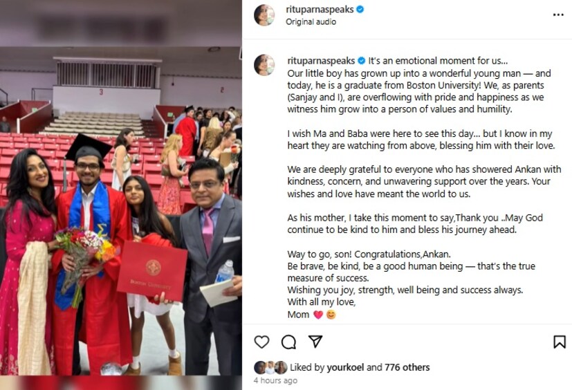 ছেলের গ্র্যাজুয়েশন সেরিমনিতে উপস্থিত ছিলেন ঋতুপর্ণা-সঞ্জয় দু’জনেই৷ সঙ্গে ছিল তাঁদের মেয়ে ঋষণাও৷ সেখান থেকে একাধিক ছবি-রিল পোস্ট করে ঋতু লিখেছেন, অনেক শুভেচ্ছা এদিনের জন্য এবং জীবনে এভাবে আদর্শ ও নীতি আঁকড়ে এগিয়ে যাও৷ ঈশ্বরের কাছে প্রর্থণা করি যাতে তিনি এভাবে আশীর্বাদ করেন৷ 