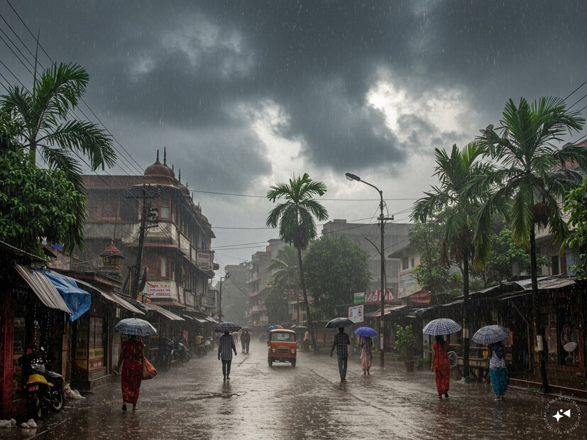দক্ষিণবঙ্গে আগামী সাতদিন বিক্ষিপ্ত ভাবে বৃষ্টির পূর্বাভাস। সোমবার থেকে বৃহস্পতিবার বিক্ষিপ্তভাবে ভারী বৃষ্টির সম্ভাবনা বাড়বে। সব জেলাতেই ভারী বৃষ্টির পূর্বাভাস। মঙ্গল ও বুধবার কলকাতাতে ভারী বৃষ্টির সম্ভাবনা। AI Generated image