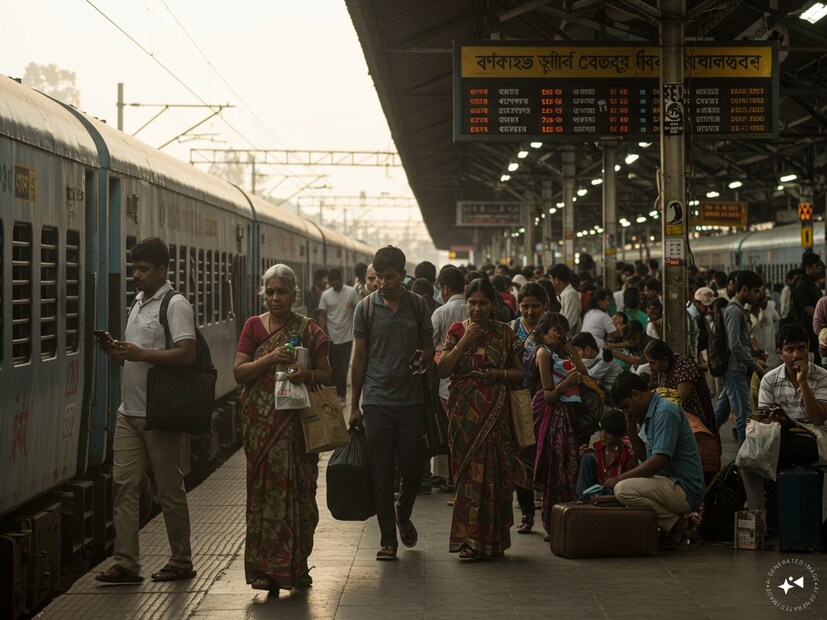 AC class-এ প্রতি কিলোমিটার ভাড়া বাড়ছে ২ পয়সা করে, Sleeper Class (Mail/Express)-এ প্রতি কিলোমিটার ১ পয়সা করে৷ Second Class (General)এ প্রতি কিলোমিটারে ভাড়া বাড়ছে হাফ পয়সা করে৷ এটি প্রতি ৫০০ কিলোমিটারের বেশি যাতায়াতের জন্য প্রযোজ্য৷ কিন্তু, ভাড়া বাড়ায় চিন্তা নেই কাদের? Generated image