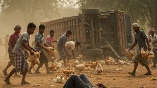 মুরগি ভর্তি পিক আপ ভ্যান উল্টে যেতে অমানবিকতার চূড়ান্ত এক নিদর্শন উঠে এল।