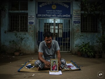 উত্তর ২৪ পরগনার হিঙ্গলগঞ্জ থানার সাহেবখালি পুলিশ ক্যাম্পের সামনে ব্যতিক্রমী দৃশ্য—স্ত্রীকে ফিরে পাওয়ার দাবিতে সেখানে ধরনায় বসেছেন স্বামী সিদ্ধার্থ মন্ডল। 