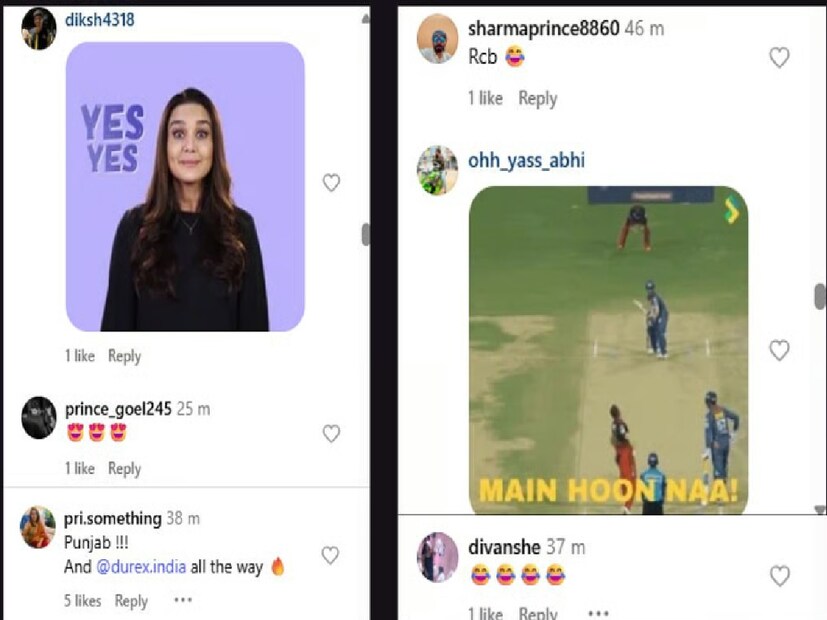 আরসিবি শ্যাম্পেন জ্বালিয়ে দেবে,&quot; একজন লিখেছেন।&quot;পাঞ্জাব !!! এবং @durex.india সর্বত্র&quot;, অন্য একজন ব্যবহারকারী বলেছেন।