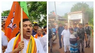 পুরশুড়ার মিছিলে শুভেন্দু অধিকারী৷ (ডান দিকে) তৃণমূল কর্মীর মুখোমুখি বিরোধী দলনেতা৷