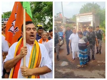 পুরশুড়ার মিছিলে শুভেন্দু অধিকারী৷ (ডান দিকে) তৃণমূল কর্মীর মুখোমুখি বিরোধী দলনেতা৷