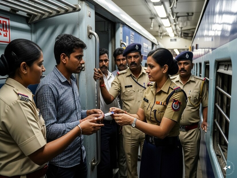 মহিলা TTE টিকিট চাইতেই হঠাৎ অদ্ভুত ব্যবহার করতে শুরু করেন ওই পুরুষ যাত্রী৷ মহিলা TTE গন্ডগোল বুঝে খবর দেন RPF-এ৷ তাঁর ক’ল পেয়ে কর্ণাটকের রায়চুর স্টেশনের কাছে ট্রেনে ওঠেন দুই RPF অফিসার৷ Generated image