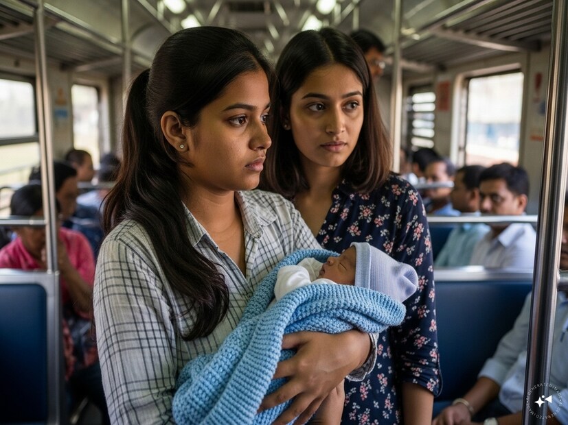 সেই সময় কোলে সদ্যোজাত বাচ্চা নেওয়া ওই মহিলার কাছে দাঁড়িয়েছিলেন ওই লোকাল ট্রেনের নিত্যযাত্রী বছর ১৯ এর দিব্যা এবং তাঁর বন্ধু ভূমিকা মান৷  Generated image