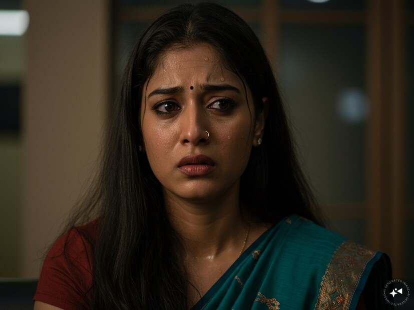 সুন্দরী সেই মহিলা সিটে বসেছিলেন বটে৷ কিন্তু ছিলেন একা৷ আর তার চোখেমুখে ছিল ভয় এবং অস্বস্তির ছাপ৷ AC-র ভিতরেও তাঁর কপালে জমছিল বিন্দু বিন্দু ঘাম৷ Generated image
