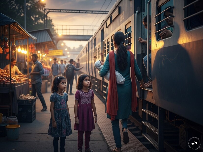 ওই মহিলা মেয়ে দু’টির কোলে সদ্যোজাত বাচ্চাটিকে দিয়ে নেমে যান৷ পর দিব্যারা অপেক্ষা করলেও আর দেখতে পাননি ওই মহিলাকে৷ একসময় ছেড়ে দেয় লোকাল ট্রেন৷  Generated image