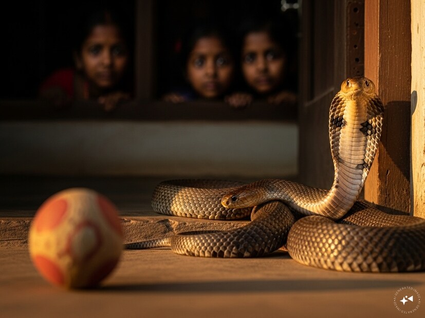 আতঙ্কিত হবেন না। শান্ত থাকুন। সাপ সাধারণত উসকানি না দিলে আক্রমণ করে না। হঠাৎ নড়াচড়া বা তাড়া করার চেষ্টা সাপকে চাপ দিতে পারে এবং এটিকে প্রতিরক্ষামূলক করে তুলতে পারে। পোষা প্রাণী এবং শিশুদের তাৎক্ষণিকভাবে ঘর থেকে সরিয়ে নিন। সাপকে ভয় দেখাতে পারে এমন ফ্যান বা অন্য কিছু বন্ধ করে দিন।Generated image