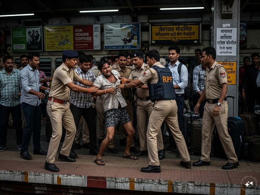 কিন্তু, যখন RPF অফিসাররা ওই যাত্রীকে সরিয়ে নিয়ে যাওয়ার চেষ্টা করেন, তখন উন্মাদের মতো আচরণ করতে শুরু করেন ওই যাত্রী৷ ওঁদের সামনেই জামা-প্যান্ট খুলে প্রায় অর্ধনগ্ন হয়ে যান৷ Generated image