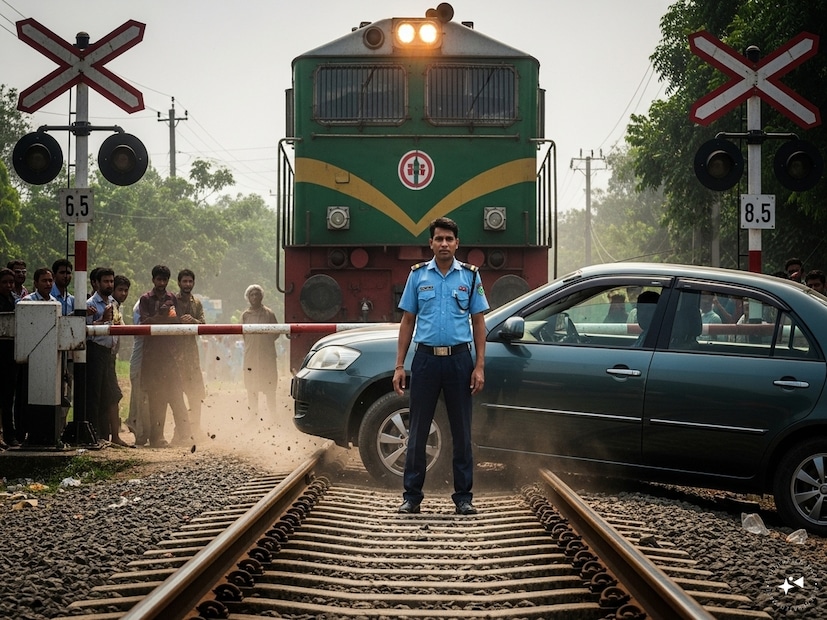 রেলগেটের কাছে হট্টগোল শুরু হয় যখন সামনে থেকে একটি ট্রেন আসছিল এবং একটি গাড়ি রেললাইনে আটকে গিয়েছিল। রেলওয়ে গার্ড ট্রেনটি থামানোর জন্য দাঁড়িয়ে ছিলেন ঠিকই। কিন্তু, যখন তিনি গাড়িটি ট্র্যাকে আটকে থাকতে দেখেন, তখন তিনিও হতবাক হয়ে যান।