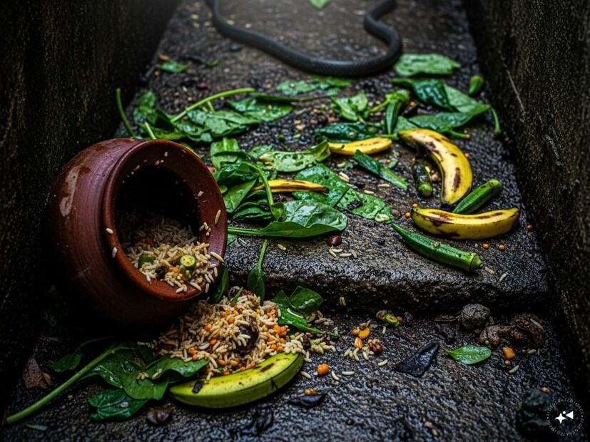 পড়ে থাকা খাবার, আনাজের খোসা, বর্জ্র রাখার জায়গাও বর্ষাকালে সাপের খুব পছন্দের জায়গা৷Generated image