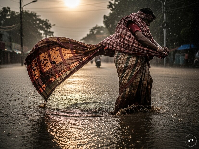 সারক্ষণ আকাশে কালো মেঘ৷ দিনরাত বৃষ্টি৷ একটুকুর জন্যেও যেন উঠছে না রোদ৷ বর্ষাকালের এই দিনগুলো বড় একঘেঁয়ে৷ শুধু যে একঘেঁয়ে তা-ই নয়, যথেষ্ট অসুবিধারও৷ এই সময় যেমন বৃষ্টিতে বেরনো সমস্যা, তেমনই বৃষ্টির জল, কাদা-মাটিতে যা-তা অবস্থা হয়ে যায় আমাদের পরনের পোশাকের৷ Generated image
