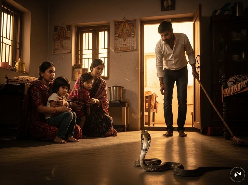 এই অবস্থায় হঠাৎ করে যদি কেউ বাড়িতে সাপ দেখতে পান, তাহলে তাঁদের আচমকা ভয় পেয়ে যাওয়াটাই স্বাভাবিক৷ কিন্তু, জানতে হবে, ঠিক এমন মুহূর্তেই আপনাকে থাকতে হবে একদম শান্ত৷ ছকে ফেলতে হবে, আগামী কয়েক মিনিটে আপনি পর পর ঠিক কী কী করবেন৷ Generated image