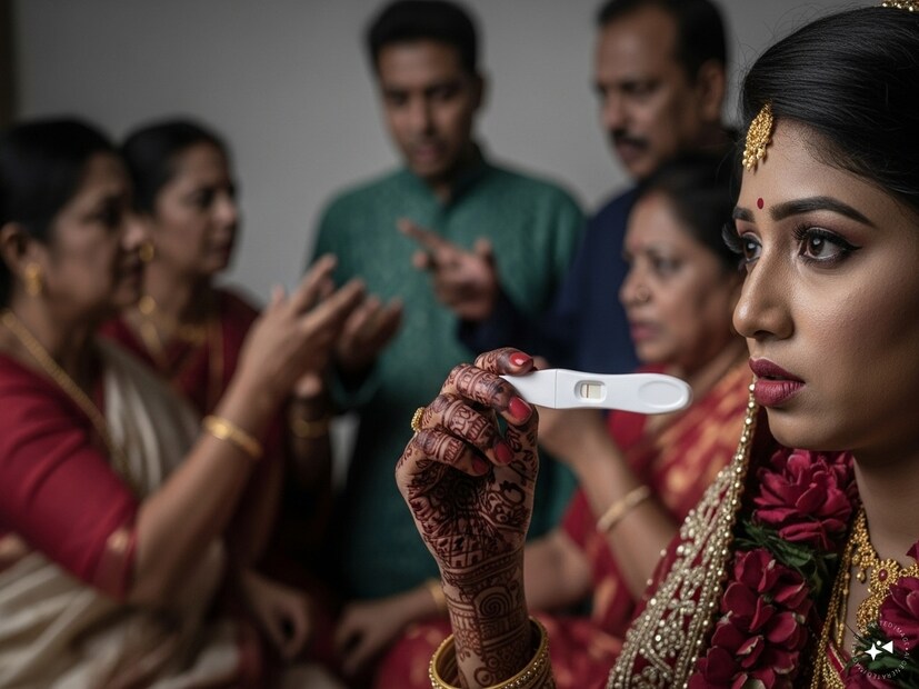 নববধূ মাথা ঘোরার কারণে অজ্ঞান হয়ে পড়তেই, বর সন্দেহ প্রকাশ করে নিয়ে এল গর্ভধারণ পরীক্ষার কিট। সেই কিট নববধূকে দেওয়া মাত্রই শুরু হল বচসা, খবর পৌঁছয় শ্বশুরবাড়ি ও পিত্রালয়ে।