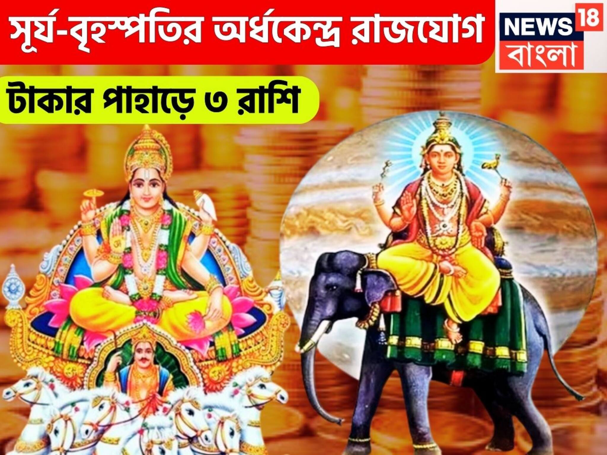 Surya Guru Ardhakendra Rajyog: ৭২ ঘণ্টা পরে সূর্য-বৃহস্পতি ৪৫ ডিগ্রিতে! অর্ধকেন্দ্র রাজযোগে মোটা টাকা, ৩ রাশির জন্য টাকার পাহাড়