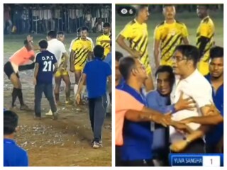 রেফারিকে লাথি মারছেন অভিযুক্ত তৃণমূল কর্মী রাজা খান (ডানদিকে)৷ 