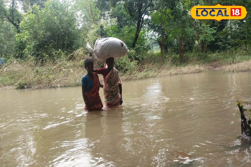 সন্দাপাড়া পঞ্চায়েতের ডড়রা গ্রামে প্রায় ৪০টি শবর পরিবারের বাস।। গ্রামের ওই খালে বছরের অন্য সময়ে তেমন জল থাকে না, হেঁটে পারাপার করা যায়। কিন্তু বর্ষায় তা সম্ভব হয় না। সে জন্য গ্রামবাসীরাই একটি বাঁশের সাঁকো তৈরি করেছিলেন। কিন্তু শনিবার সকালে জলের তোড়ে ভেঙেছে বাঁশের সাঁকো। যাতায়াত করতে হয় খাল পেরিয়ে। (ছবি ও তথ্য - তন্ময় নন্দী)
