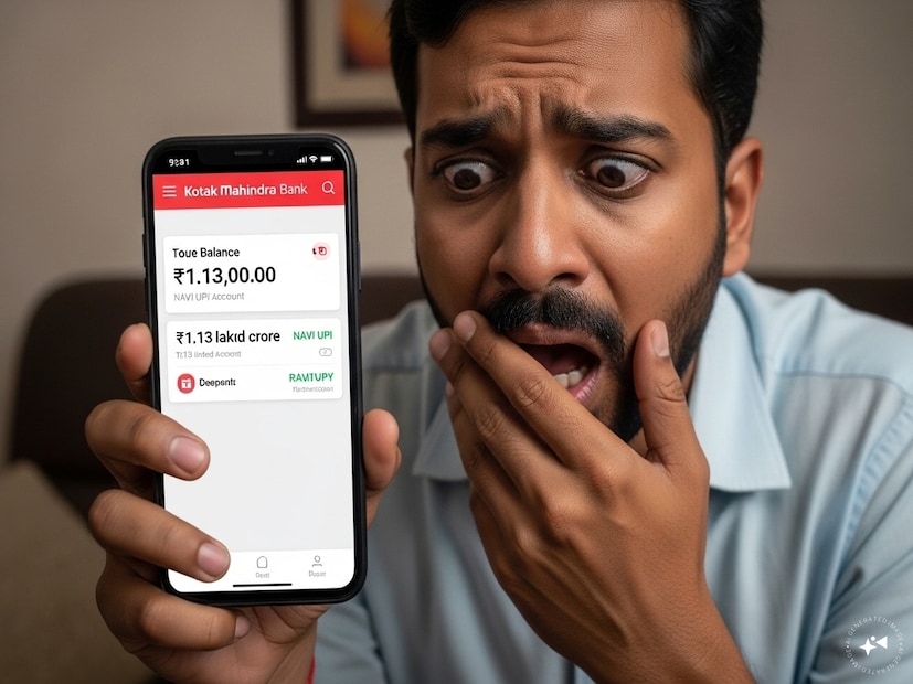 দীপক দেখতে পান তাঁর মায়ের NAVI UPI অ্যাপের সঙ্গে যুক্ত কোটাক মাহিন্দ্রা ব্যাংক অ্যাকাউন্টে ১.১৩ লক্ষ কোটি টাকারও বেশি জমা হয়েছে৷ Generated image