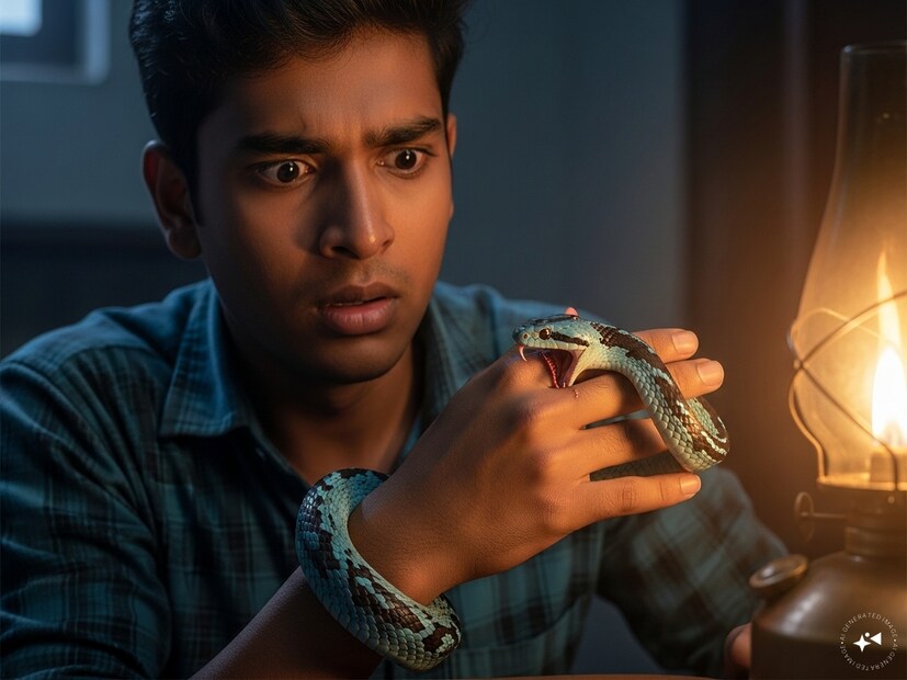 আলো জ্বালিয়ে দেখেন তাঁর ডান হাতে কামড় বসিয়েছে একটি সাপ। তার পর সেই সাপটি ঢুকে পড়ে তাঁর প্যান্টের পকেটের ভিতর। আতঙ্কে চিত্কার না করে বরং সাহস দেখান রাহুল।